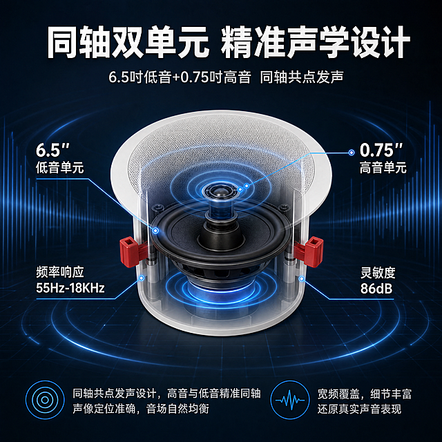 [商品] 使用【图1】HW-T165白色圆形吸顶天花扬声器；保留产品外轮廓、白色网罩、红色卡扣、圆柱箱体比例与颜色；对产品做半透明剖面处理，展示内部6.5英寸低音单元和0.75英寸高音单元的同轴结构，不改变外部形状和颜色。
[画面] 页面目标：核心技术/声学结构解析，展示同轴双单元工作原理。爆炸/剖面型版式，产品位于画面中央，占画面约50%，做半透明剖面效果，内部低音喇叭和高音单元清晰可见；左右两侧用引线标注各部件名称与参数；背景为深灰蓝色科技感空间，有发光线条与声波波纹示意；顶部标题区，底部补充技术说明。
[视觉] 套系策略：风格=京东专业理性科技商业风；标题字=现代无衬线粗黑体；正文字=简洁无衬线中黑体；主色=浅灰白；背景延展=本页用深灰蓝科技底做技术页差异化，带发光线条和声波图形；强调色=科技蓝(#1E6FFF)，用于引线、高亮部件、图标和光效；标题色=白色；正文色=浅灰(#CCC)；组件=发光引线标注、半透明剖面层、蓝色技术图标；光影=内部单元发光效果，外部轮廓光。
[文字] 顶部主标题"同轴双单元 精准声学设计"，副标题"6.5吋低音+0.75吋高音 同轴共点发声"；引线标注："6.5'' 低音单元"、"0.75'' 高音单元"、"频率响应 55Hz-18KHz"、"灵敏度 86dB"；底部2行技术说明文字；所有文字横向排版。
[规格] 图片比例1:1方版，4K，避免变形、错字、文字过小、剖面结构失真、产品外部颜色改变、出现京东Logo。