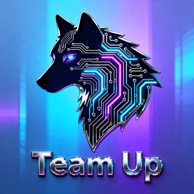 Team Up AI培训网站logo，赛博科技风格，强烈科技感，融入动物狼元素结合霓虹发光效果，金属质感电路板纹理，蓝紫渐变赛博光影，包含文字"Team Up"，未来感十足，体现AI科技与团队协作主题预览效果