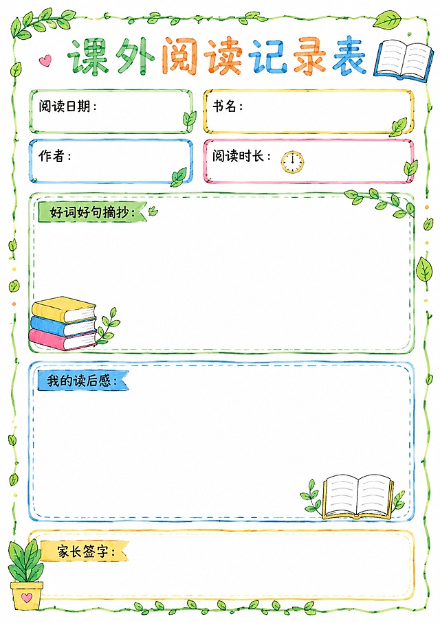 马克笔手绘风格，A4竖版尺寸210*297，小学生课外阅读记录表，包含完整栏目：阅读日期、书名、作者、阅读时长、好词好句摘抄、我的读后感、家长签字，每个栏目预留充足填写区域，马克笔手绘可爱边框，装饰书本和小树叶元素，配色清新，排版整齐，文字清晰，留白充足适合手写填写