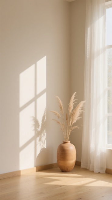 极简主义室内场景，柔和的暖米色墙面与浅色木地板，左侧垂落着半透明的白色纱帘，阳光透过窗户在墙面和地面投射出清晰的几何形状光影图案，墙角处放置一个圆润的浅棕色木质花瓶，瓶中插有干枯的芦苇状植物，整体色调为统一的米白色、浅木色和淡黄色，光线明亮柔和，营造出宁静、温暖、自然、简约的氛围，高清晰度，写实摄影风格，细腻的材质纹理，柔和的阴影过渡，通透的光线感。预览效果