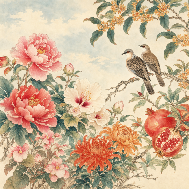 10月花鸟图，按照参考图的工笔国画风格，使用各类花卉飞鸟素材创作，画面美观雅致，不包含任何文字，正方形尺寸，保持与参考图一致的工笔画风，可根据十月季节特点搭配当季花卉预览效果