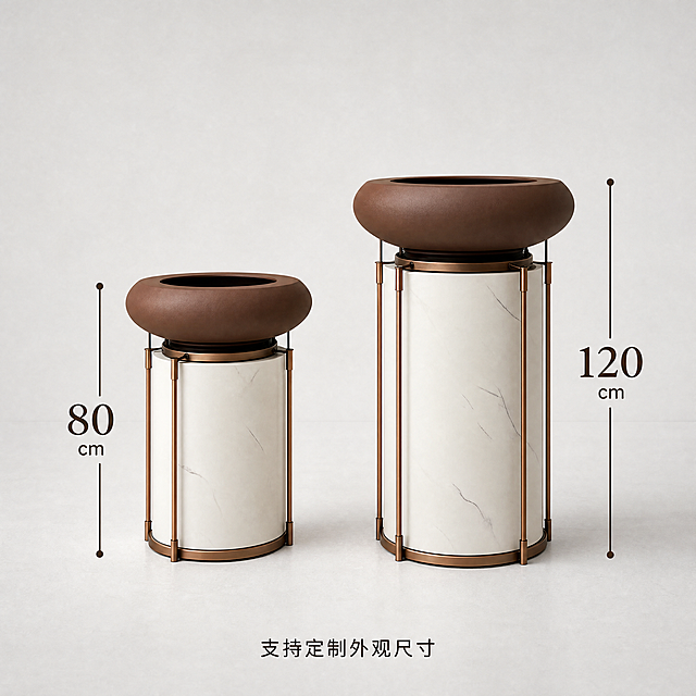 [主图-4] 尺寸信息与多规格展示图
[氛围风格] 简约产品信息展示，清晰直观
[画质] 商业摄影质感、光线柔和通透、产品清晰真实、画面干净高级
[元素] 将大小两款异形玻璃钢花盆并排摆放，直接在花盆旁标注对应高度尺寸信息，背景使用干净浅灰色墙面突出产品。保持异形玻璃钢花盆外观（即物理结构、材质质感、颜色）与输入产品图保持绝对一致，杜绝任何变形和色差，精细化处理。商品主体占比严格控制在75%左右；画面满屏无边框
[光影] 均匀柔和的影棚布光，整体明亮无强烈阴影，清晰展示产品轮廓和尺寸比例
[配色] 浅灰背景+产品本身棕白古铜配色，干净简约信息直观
[视角构图] 平视正面视角，两款花盆左右并排，大小对比清晰
[文字版式] 每个花盆旁对应标注尺寸，大字标注数字，小号字标注单位，深棕色文字清晰易读，底部小字说明：「支持定制外观尺寸」
[比例分辨率] 1:1比例，4k分辨率，文字清晰锐利，画面超高清
[负向提示词] 变形，水印，文字错乱，产品图模糊，背景杂乱