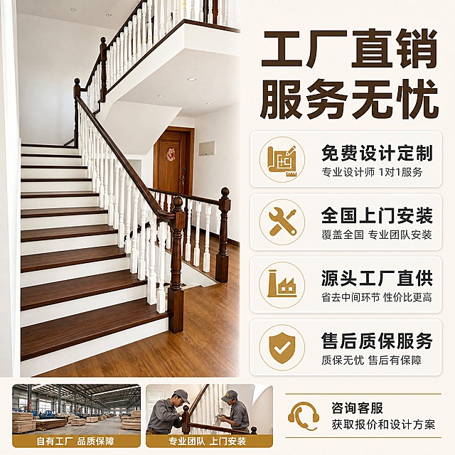 [主图-5] 服务保障与信任背书图，突出工厂直销、全国安装、免费定制的服务优势，增强购买信任感，促进转化。
[统一基调] 整体风格为现代简约家装风，背景主色为米白+浅胡桃木色，标题字色为深胡桃木色，辅助字色为深灰色，强调色为暖金色；字体为无衬线粗体，标题大号加粗，辅助文字缩小50%以上；卡片用细圆角浅灰底，整体干净专业不花哨。
[画面] 画面左侧约50%是楼梯整体效果图，展示从一楼到二楼的完整楼梯，深胡桃木色踏步+白色栏杆+实木扶手，外观与输入图一致，楼梯旁可见家装木门和木地板，营造真实居家氛围；画面右侧50%为服务信息区，用卡片式布局排列4项核心服务，每项配一个图标；底部有工厂和安装师傅的小图示意。
[光影质感] 商业摄影质感，楼梯场景光线明亮自然，右侧信息区背景干净，整体光影统一协调；产品质感温润，木纹清晰。
[配色] 主色深胡桃木色+白色+米白背景，服务卡片用浅灰色细圆角底，图标用暖金色。
[文字版式] 顶部大标题「工厂直销 服务无忧」；右侧4项服务卡片从上到下：「免费设计定制」配图纸图标，小字「专业设计师 1对1服务」；「全国上门安装」配扳手图标，小字「覆盖全国 专业团队安装」；「源头工厂直供」配工厂图标，小字「省去中间环节 性价比更高」；「售后质保服务」配盾牌图标，小字「质保无忧 售后有保障」；底部小字「咨询客服 获取报价和设计方案」。
[输出要求] 比例1:1，2048x2048，文字清晰可读，产品清晰不变形，无错字，无水印，无平台Logo，整体专业可信。