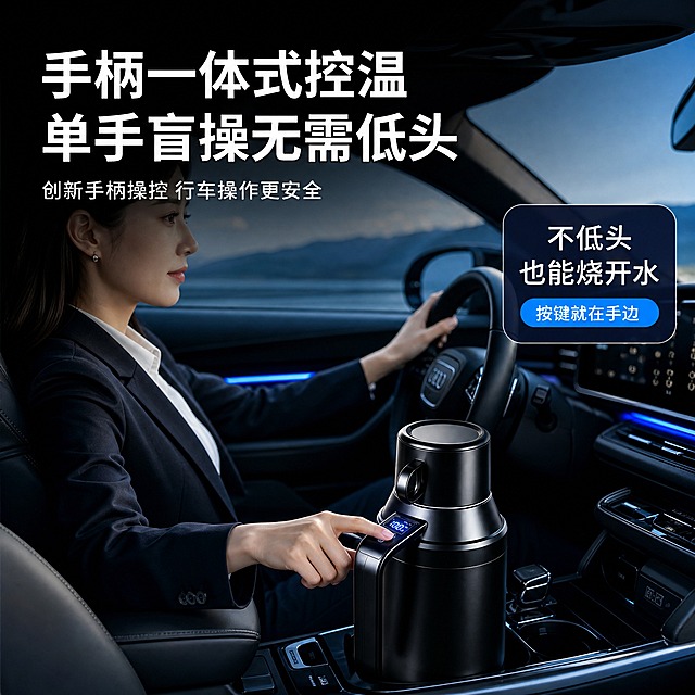 [主图-4] 真实场景：车内使用场景，展示手柄一体式控温单手盲操作的使用体验。
[统一基调] 深色科技高级感风格，真实车内场景，冷色调内饰；主标题白色粗体无衬线字体，强调色为科技蓝；整体专业品质感，淘宝/天猫平台1:1方图。
[画面] 真实汽车内部场景，驾驶位视角，女性驾驶员穿着职业装，右手握方向盘，左手自然伸向右手边的车载水杯位，手指正在按压电热水壶手柄上的控温按键；电热水壶放置在汽车中控杯架中，手柄朝向驾驶员，手柄上的数显屏幕亮着蓝光显示温度；驾驶员视线看向前方，无需低头即可操作，体现盲操作安全性；车内环境为深色内饰，有微弱蓝色氛围灯。
[光影质感] 真实车内光影质感，自然光从车窗射入，车内仪表台和中控有真实反光；产品金属质感与车内环境融合自然，屏幕发出的蓝色微光在手柄周围形成柔和光晕；整体氛围真实有代入感。
[配色] 车内深色内饰为主，产品黑色金属色，屏幕蓝光为点缀，文字白色；整体冷色调高级感。
[文字版式] 画面左上方主标题大字两行：手柄一体式控温 单手盲操无需低头；主标题下方副标题小字：创新手柄操控 行车操作更安全；右侧配一个深蓝色圆角对话框标签：不低头也能烧开水 按键就在手边；文字放在画面上方和侧边负空间，不遮挡人物和产品互动。
[输出要求] 1:1正方形，场景真实自然，人物手部结构正常无畸形，产品清晰不变形，文字清晰可读，无水印无平台logo，整体有代入感。