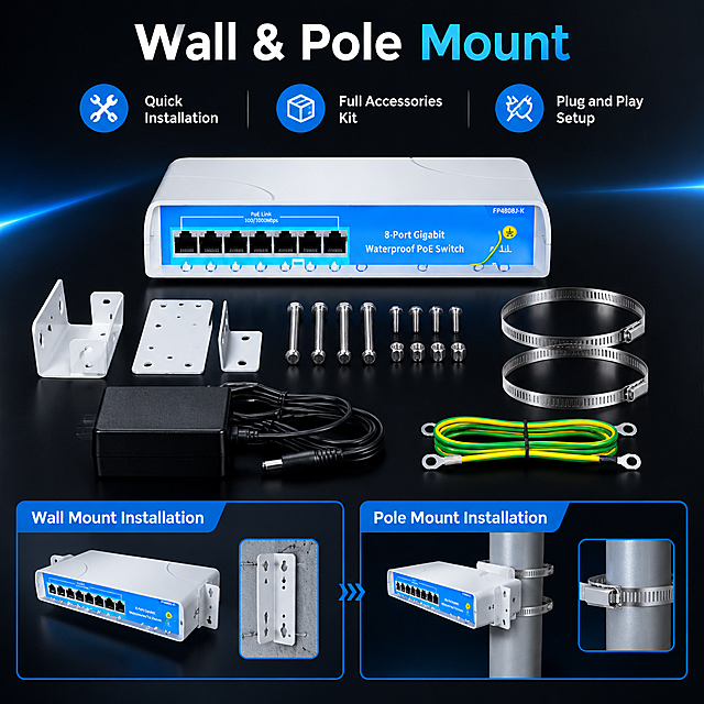 Amazon main image, 1:1 ratio, industrial tech professional style inspired by UGREEN. Installation accessories showcase for 8-Port Gigabit Waterproof PoE Switch. Wall mount and pole mount kit displayed alongside the switch: mounting brackets, stainless steel screws, pole mounting straps, power adapter, grounding wire. Clean flat-lay composition on deep black background with tech blue highlights. Product shown with installation diagrams. Text: "Wall & Pole Mount", "Quick Installation", "Full Accessories Kit", "Plug and Play Setup". All English text, technical product photography style, no Chinese characters.