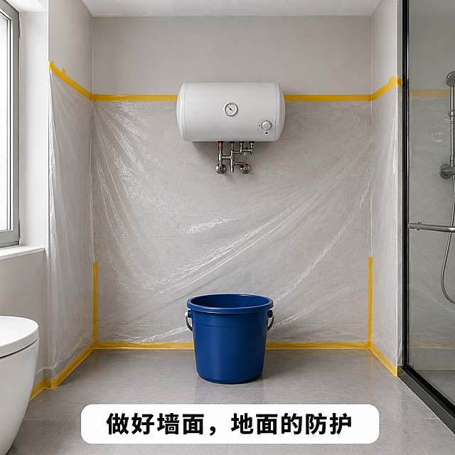 缩小电热水器的尺寸比例，按照真实卫生间的实际比例调整电热水器大小，使其符合正常家用卫生间的视觉比例；将地面上的蓝色长方形浅污水盆替换成带提手的圆柱形蓝色塑料污水桶；保留墙面透明防水塑料薄膜和黄色美纹纸胶带，底部文字保持“做好墙面，地面的防护”，整体真实自然