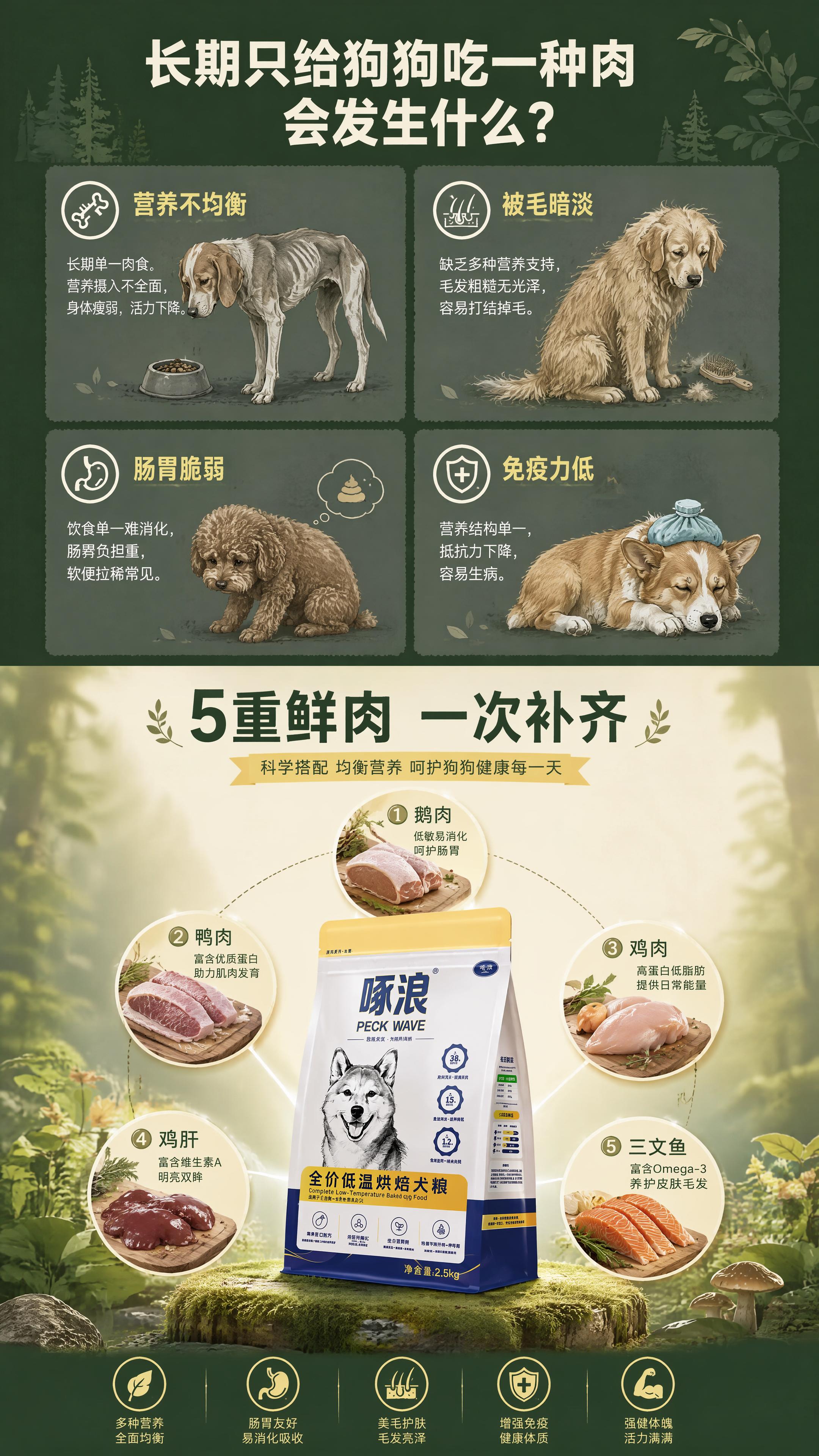 [第2屏] 痛点共鸣+解决方案——长期单一肉食的危害引出5重鲜… - 图片创意预览
