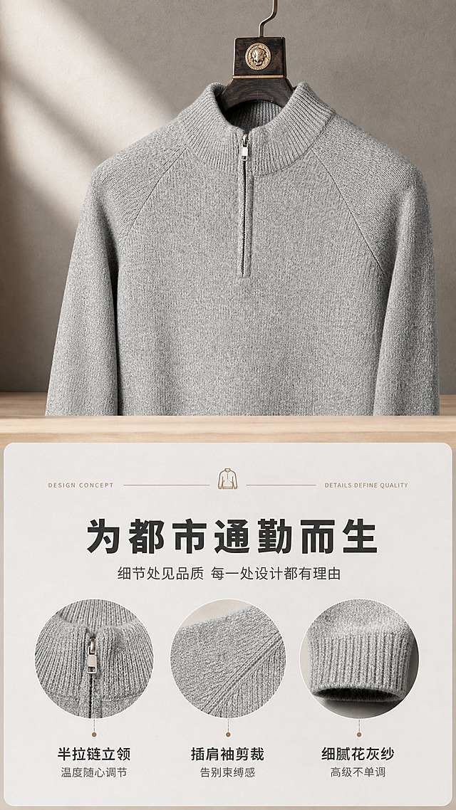[商品] 使用【图1】浅花灰色男士半拉链立领针织羊毛衫；商品处理：保留半拉链立领、插肩袖、罗纹袖口下摆、花灰针织纹理、金属拉链头、整体版型与浅花灰色；自然去除衣身杂乱褶皱与压痕，理顺垂坠，增强针织肌理、缝线、拉链五金和罗纹质感，不改变版型、颜色和结构。
[画面] 目标：设计理念页，诠释半拉链立领与插肩袖的设计巧思。构图：上下分层，上方三分之一为产品侧挂特写（展示领口半拉链细节），下方三分之二为理念文字区，搭配3个圆形设计元素小图（拉链头微距、插肩缝线、罗纹袖口）横向排列。背景为暖灰色哑光墙面+浅米色木质台面，有自然光影层次。
[视觉] 套系策略：风格=高级轻商务通勤商业摄影；标题字=现代无衬线粗体（思源黑体Heavy）；正文字=简洁无衬线体（思源黑体Regular）；主色=浅花灰；背景延展=基于浅花灰做深浅层级、同色渐变和细腻织物/哑光纸张质感；强调色=暖驼色，仅用于小面积图标、引线和标签；标题色=深炭灰；正文色=中暖灰；组件=圆角浅底信息卡、细线引线、极简英文装饰；光影=左前侧45度暖柔光，右侧柔和补光，底部自然投影。
[文字] 中上主标题「为都市通勤而生」（7字），副标题「细节处见品质 每一处设计都有理由」。下方3个设计关键词横向排列，配圆形小图：「半拉链立领｜温度随心调节」「插肩袖剪裁｜告别束缚感」「细腻花灰纱｜高级不单调」。文字均为横排，字号适中，手机端清晰可读。
[规格] 图片比例9:16竖版，2K分辨率，避免变形、错字、文字过小、冷蓝/蓝灰背景、衣服颜色改变、版型失真、绝对化用语、平台Logo水印。