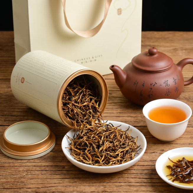 拼多多爆款电商主图，整体展示金骏眉茶叶，打开的茶叶罐子倒出茶叶在白瓷盘，罐子放在旁边，木质桌面，暖色调场景，搭配紫砂壶，突出茶叶完整产品体验，1:1正方形构图预览效果
