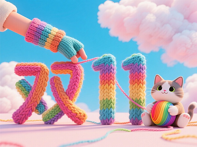 梦幻感与可爱感交织的软3D风格，彩虹毛线编织“双11”字样，拟人猫咪手抱毛线球，刺绣风细节与毛发生长质感呼应，营造双11童趣节日氛围。