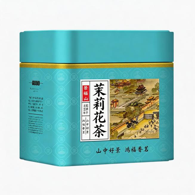 将茶叶罐包装标签上的文字“茉莉飘雪”修改为“茉莉花茶”，保持其余设计、图案和颜色不变预览效果
