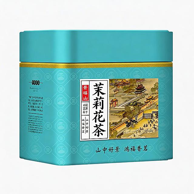 将茶叶罐包装标签上的文字“茉莉飘雪”修改为“茉莉花茶”，保持其余设计、图案和颜色不变