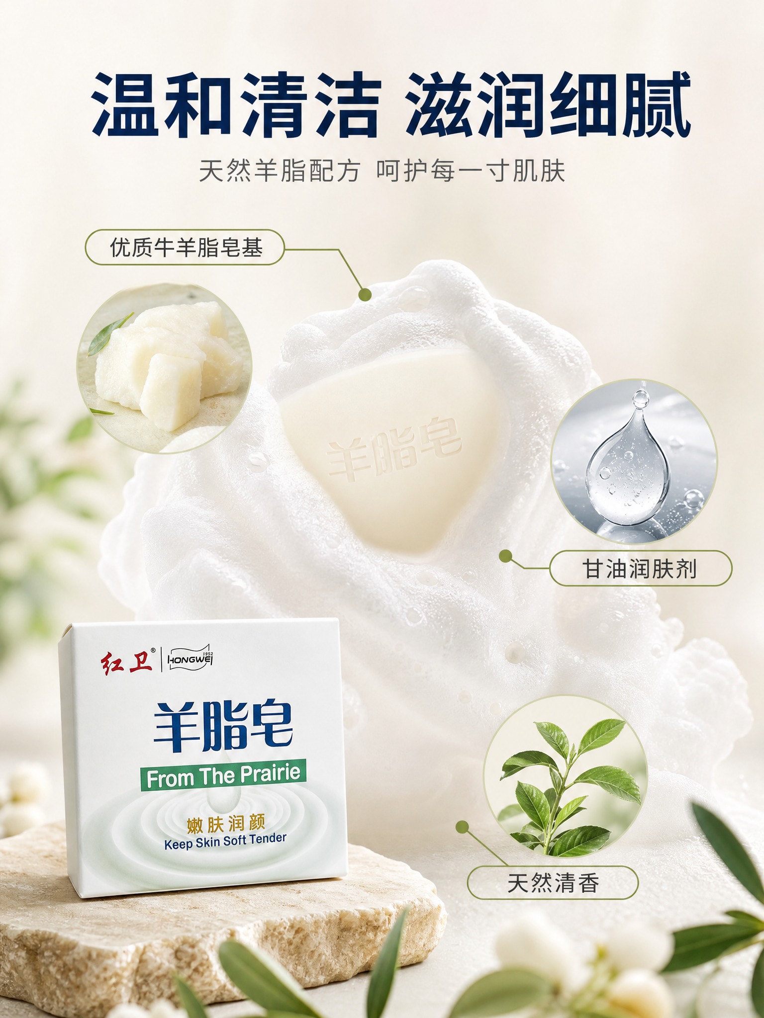 [主图-2] 红卫羊脂皂核心卖点图，展示温和清洁与天然成分，突… - 图片创意预览