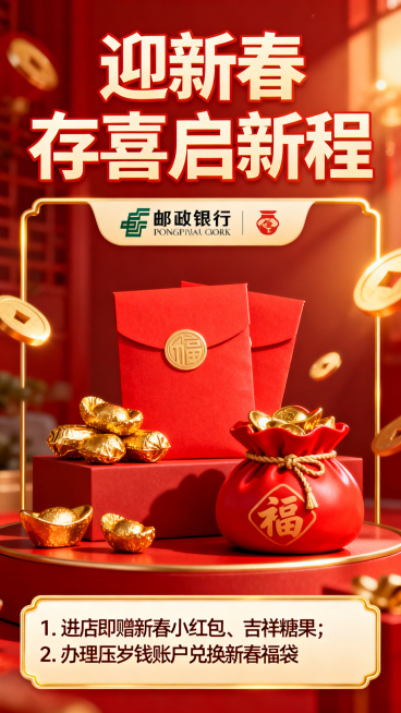 一张邮储银行初一新春活动海报，顶部醒目呈现“迎新春 存喜启新程”，中间展示邮储银行标识、新春小红包、吉祥糖果、新春福袋元素，底部清晰标注活动信息：“1. 进店即赠新春小红包、吉祥糖果；2. 办理压岁钱预览效果
