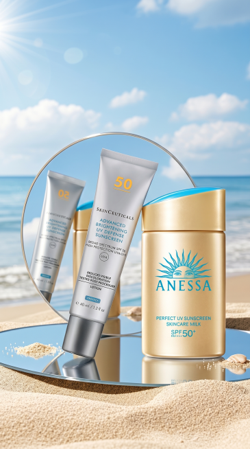 画面主体是两瓶防晒霜，分别是安热沙防晒和修丽可防晒，保留产品原有外观和包装设计。采用镜子反射效果，背景为蓝天白云阳光沙滩，清爽夏日风格，简约时尚构图，产品特写，高光质感，干净背景，浅蓝色调，明亮光线，预览效果