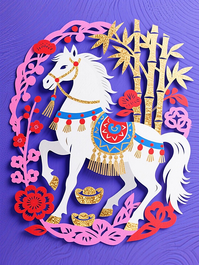 剪纸风与国潮融合，白骏马配金竹红花，浮雕质感层层叠叠，喜庆祥瑞，民族韵味十足。