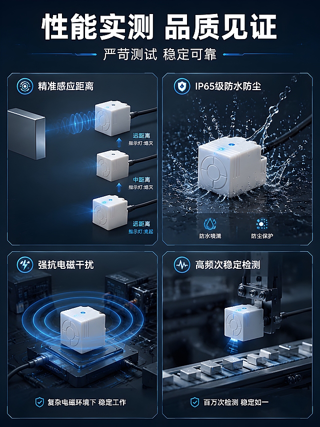 [商品] 使用【图1】方形接近开关传感器；保留方形壳体、白色外壳、黑色电缆、感应面的结构和颜色；商品处理：保留原貌，产品处于测试状态。
[画面] 目标：功能测试可视化，证明产品性能可靠。构图：左右对比或多宫格测试展示，包含感应距离测试（金属物靠近时指示灯亮起）、防水测试（水花喷洒）、抗干扰测试（电磁环境下稳定工作）、耐久测试（高频次检测）。每个测试场景配可视化效果，如感应光束、指示灯发光、水花飞溅等。
[视觉] 套系策略：风格=工业科技风商业摄影；标题字=粗黑体无衬线；正文字=简洁无衬线体；主色=深蓝灰；背景延展=基于深蓝灰做渐变层级、科技网格纹理和微光效；强调色=科技蓝，仅用于小面积图标、引线、标签和光效；标题色=白色；正文色=浅灰蓝；组件=深色科技信息卡、细线引线、发光图标；光影=侧前方冷调硬光，产品轮廓清晰，带科技蓝光效点缀。
[文字] 顶部主标题"性能实测 品质见证"，副标题"严苛测试 稳定可靠"；测试项文字："精准感应距离""IP65级防水防尘""强抗电磁干扰""高频次稳定检测"，全部横向排版。
[规格] 图片比例3:4竖版，4K，负向提示：避免变形、错字、文字过小、产品结构改变、暖色调、卡通风格、夸张虚假效果。