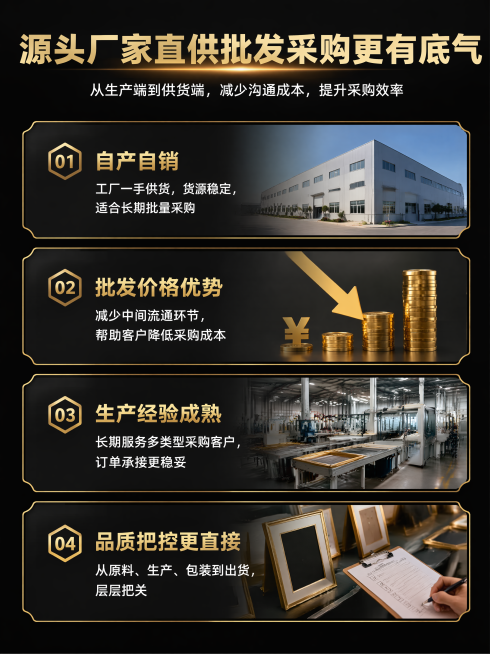 第1屏：首屏海报
主标题：
相框批发源头工厂
一站式供货服务
副标题：
18年生产销售经验｜厂家直供｜多规格现货｜支持批量采购

卖点标签放在副标题下方，横向四个标签排列：
工厂员工100+名
生产线预览效果