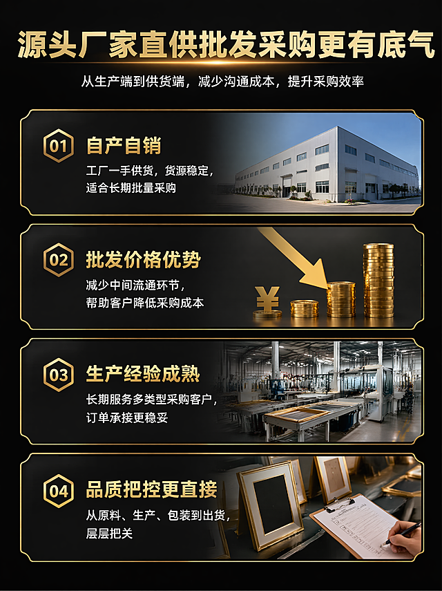 第1屏：首屏海报
主标题：
相框批发源头工厂
一站式供货服务
副标题：
18年生产销售经验｜厂家直供｜多规格现货｜支持批量采购

卖点标签放在副标题下方，横向四个标签排列：
工厂员工100+名
生产线 10+条
年产能 2000W+个
工厂面积28000+㎡
底部5图排版
采用“1大4小”图片矩阵。
上方大图
图片内容：工厂外景
图片标题：源头工厂 实力可见
下方四张小图，2×2排列：
小图1：生产车间
图片标题：标准车间 规范生产
小图2：工人生产相框
图片标题：工人实操 细节把控
小图3：仓储车间
图片标题：现货仓储 稳定供货
小图4：相框样品展厅
图片标题：样品展厅 款式丰富

第2屏：公司实力总览
主标题：
18年深耕相框行业
用实力承接批发订单
副标题：
从生产、选款、库存、发货到售后，为采购客户提供稳定供货支持
副标题建议30pt
四大实力模块
下方采用四宫格信息卡片，每张卡片搭配一张场景图。
卡片1：
标题：18年行业经验
正文：长期专注相框生产与销售，熟悉批发采购需求
配图建议：生产线场景。
卡片2：
标题：源头厂家直供
正文：自有生产供应能力，减少中间环节，批发采购更省心
配图建议：原料区域。
卡片3：
标题：多款式可选
正文：涵盖摆台、挂墙、复古、简约、礼品、定制等多类相框
配图建议：相框样品展厅。
卡片4：
标题：稳定合作保障
正文：专人对接采购需求，长期补货、售后问题及时响应
配图建议：客服对接。

第3屏：源头工厂优势
主标题：
源头厂家直供
批发采购更有底气
副标题：
从生产端到供货端，减少沟通成本，提升采购效率

核心内容排版
四条优势卡片：
·  自产自销
工厂一手供货，货源稳定，适合长期批量采购 
·  批发价格优势
减少中间流通环节，帮助客户降低采购成本 
·  生产经验成熟
长期服务多类型采购客户，订单承接更稳妥 
·  品质把控更直接
从原料、生产、包装到出货，层层把关
卡片建议竖向排列，可配相应配图，卡片之间留足间距，避免拥挤。
阿里巴巴详情页设计，不要添加其他文字，黑金配色，富有强烈的视觉效果，富有质感，排版精致，每屏的图片比例均为3:4