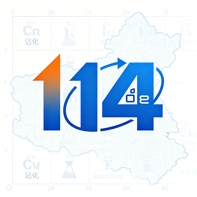 滨州市沾化区“科普114”品牌LOGO，方正利落风格，科技蓝为主色调，暖橙点缀。数字“114”艺术化变形：第一个“1”以渐变箭头形态体现引领核心，第二个“1”设计为循环线条展现服务闭环，“4”的内部嵌入代表四类服务的极简符号；背景搭配淡色的元素周期表纹理凸显科普属性，加入沾化地域标志性元素轮廓，整体视觉简洁、寓意明确