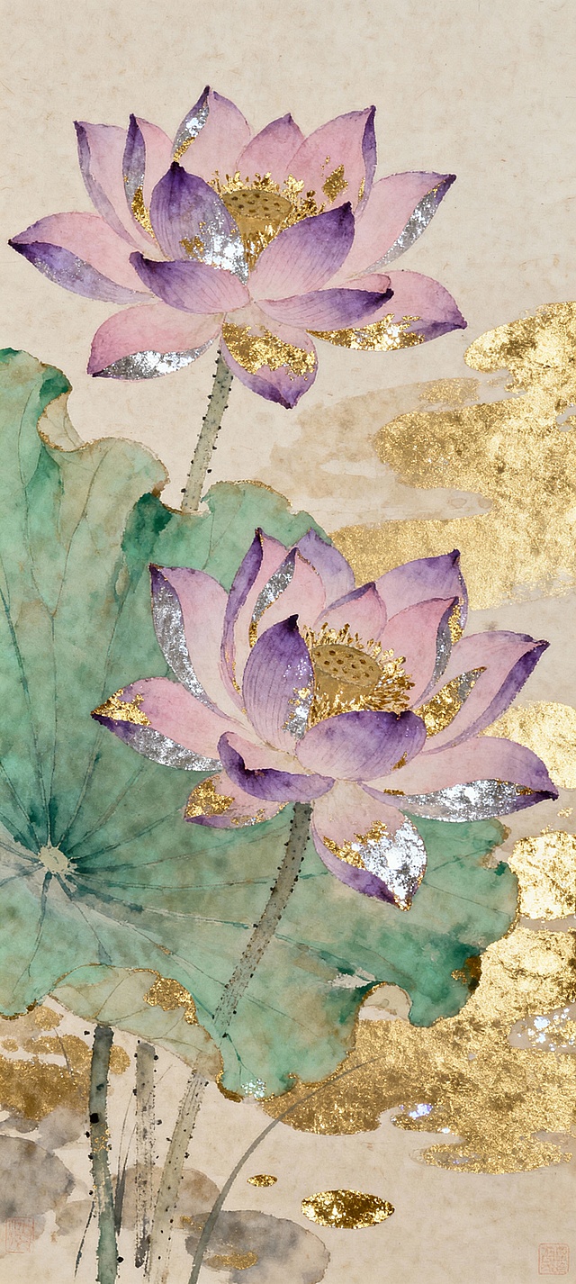 工笔水彩交融，紫莲含露，鎏金点缀，古典雅致，意境唯美，尽显中式文艺风韵。