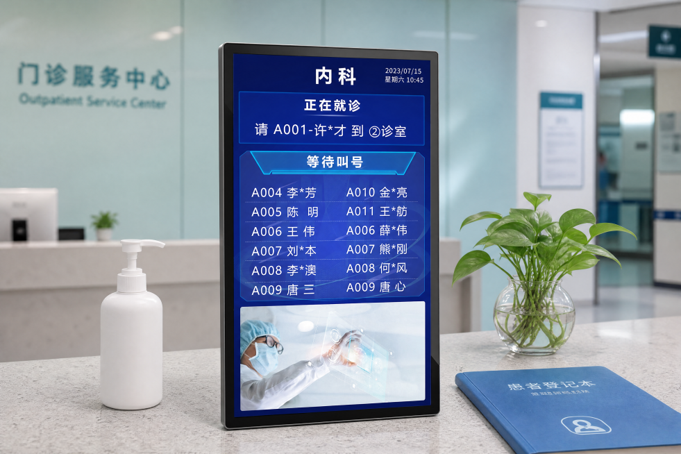 商业级专业医疗空间产品摄影

主体：分诊屏严格参照上传产品图，完整保留产品外观、轮廓、结构、比例、材质、颜色与产品本体上的所有文字信息，产品外观和色彩色调不做任何改变；产品需要完整展示，占画面60%-预览效果