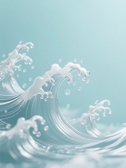 特写视角，一幅极具东方韵味的国风背景图，以细腻流畅的线条精心勾勒出一朵朵仿若在微风中轻轻摇曳的银色浪花，浪花形态舒展，偶有细微的透明气泡若隐若现，背景为纯净的淡青色，与银色浪花形成清新雅致的对比，尽显干净纯粹的国风意境，传递宁静祥和之感。预览效果