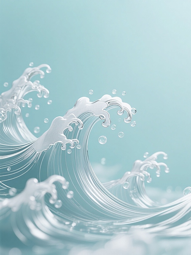 特写视角，一幅极具东方韵味的国风背景图，以细腻流畅的线条精心勾勒出一朵朵仿若在微风中轻轻摇曳的银色浪花，浪花形态舒展，偶有细微的透明气泡若隐若现，背景为纯净的淡青色，与银色浪花形成清新雅致的对比，尽显干净纯粹的国风意境，传递宁静祥和之感。