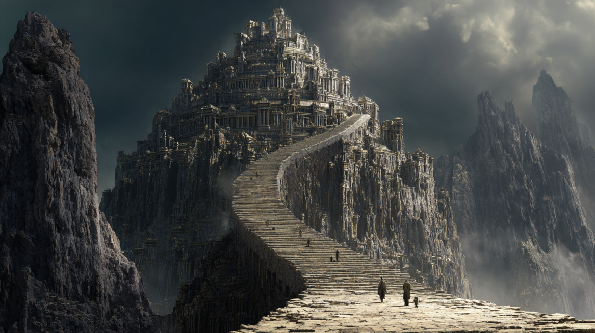 Myth theme, towering ancient mythical mountain with palace on the top, endless stairs winding up, hu预览效果