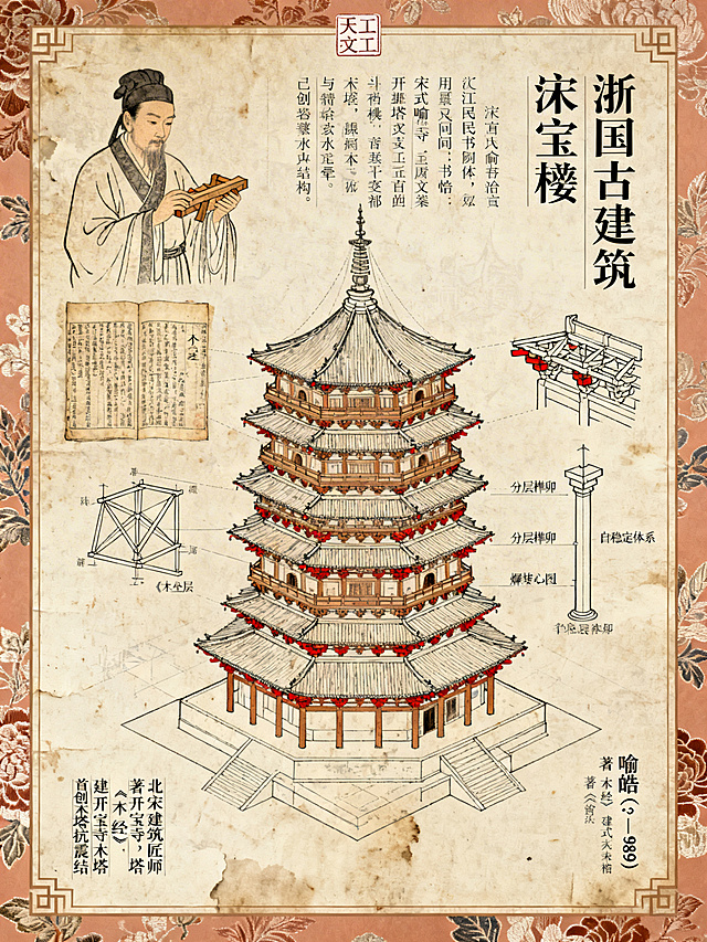 「栋梁·天工」中国古代建筑科学家精神系列海报二，统一风格：宋锦底纹 + 淡赭石色系 + 工笔白描 + 建筑分解图可视化，统一仿古籍版框边饰，竖版比例3:4。上方为工笔风格北宋喻皓半身像，身着宋式襕衫，手持木构件模型，神态专注。中部为开封开宝寺灵感木塔高角度仰视图，展示十三层塔身复杂斗栱与平坐层，附《木经》书页局部，爆炸图拆解塔心柱与斜撑结构，示意“分层榫卯”“自稳定体系”。底部竖排小字：喻皓（?–989） 北宋建筑匠师 著《木经》，建开宝寺木塔 首创木塔抗震结构。顶部留白压一枚“天工”朱文印，底部统一宽边框。配色：米色底，木构暖褐色，斗栱朱砂色点缀，书页做旧，宋代刻本纸纹，全局叠加旧纸纹理与轻微水渍晕染，四角仿古籍包角。字体标题用浙江民间书刻体，正文用汉仪楷体竖排