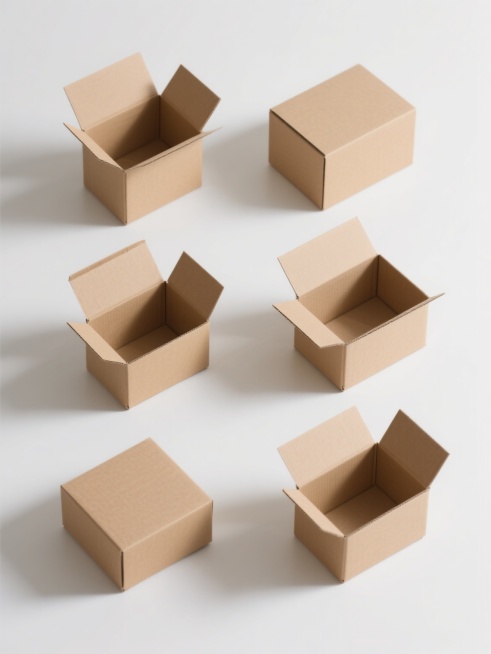 六个不同形状的纸箱以规整方式排布在纯白色背景上，简约现代风格，部分纸箱处于打开状态，展现内部空间，所有纸箱均为统一的浅棕色牛皮纸材质，表面呈现出轻微的纸质纹理和自然的光影过渡，整体造型简洁干净，无任何文字、logo、水印及多余装饰元素，画面注重几何体块的构成美感与空间布局的平衡感。预览效果