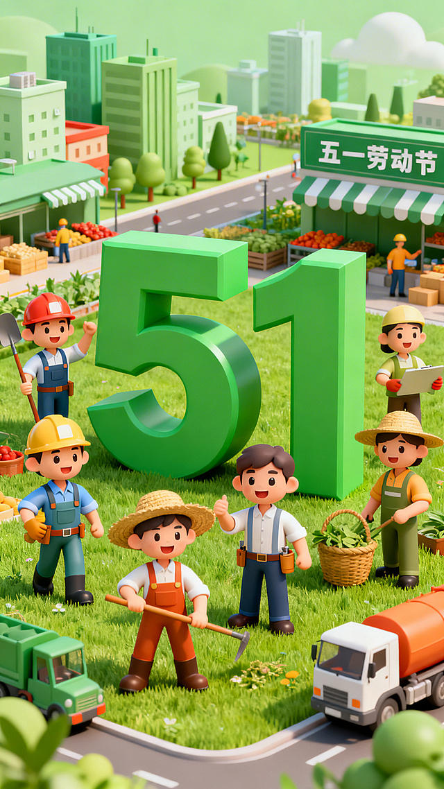 3D立体卡通风格五一劳动节海报，画面展示不同职业的劳动者，包含工人与农民，形象活泼，搭配绿色城市场景，画面出现大型绿色立体数字“51”，整体风格积极明快，欢庆节日