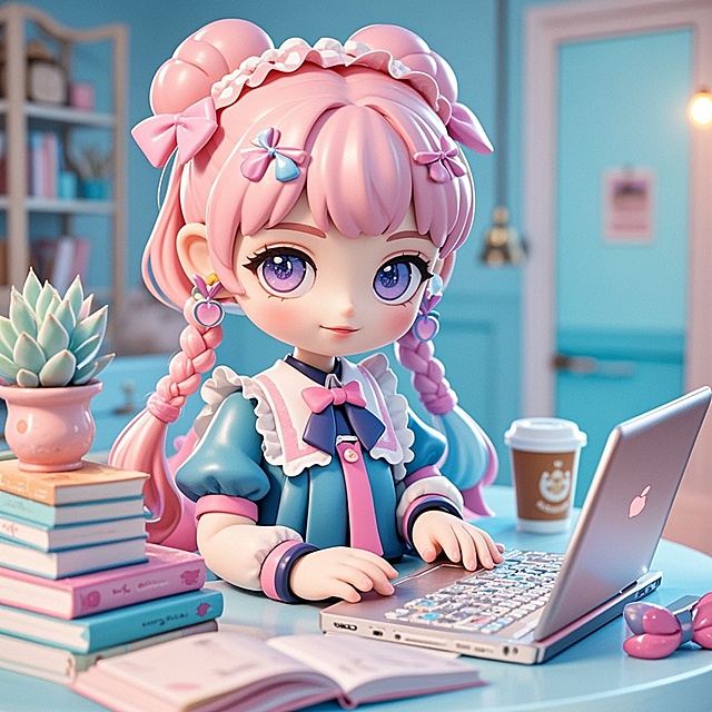 软3D风卡通少女，可爱感十足，粉色系设计，温馨书房场景。