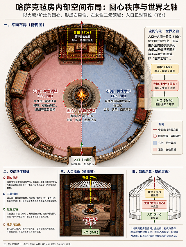 展示哈萨克毡房内部空间布局，以火塘/炉灶为圆心，标注右男性、左女性二元领域和入口正对尊位(Tör)，解释圆心秩序与世界之轴空间句法，插图加清晰注释，3:4比例，建筑学科普图，字体清晰准确