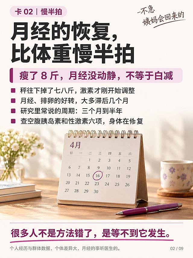 竖版中文知识科普卡片，比例3:4，尺寸1080×1440。整体风格：暖米白净底（#FDF9F4）杂志编辑排版感卡片；主色紫红#bb5799，辅色浅紫#f2e3ee，标题近黑#2B2B2B，金句深紫#8c3d75；版面干净、留白充足；中下部使用真实物品棚拍摄影（柔和自然落影），与扁平排版组合；全卡禁止卡通插画、禁止拼贴杂乱背景。

版面结构自上而下：
1. 顶部左侧：浅紫底（#f2e3ee）圆角胶囊标签，紫红粗体字「卡 02｜慢半拍」
2. 顶部右侧：两行深棕色手写体小字「不急」「姨妈会回来的」
3. 标题区：特大号近黑色粗体「月经的恢复，比体重慢半拍」（过长可排两行）
4. 核心句条：浅紫底色块、左缘紫红竖条，深紫粗体「瘦了 8 斤，月经没动静，不等于白减」
5. 要点区：每行前一个紫红小方块，近黑色常规体，逐行排：
  - 秤往下掉了七八斤，激素才刚开始调整
  - 月经、排卵的好转，大多滞后几个月
  - 研究里常说的周期：三个月到半年
  - 查空腹胰岛素和性激素六项，身体在修复
6. 中下部主体：木桌上一本立式台历，当前月份页上有一个日期被紫红色圆珠笔圈住，旁边一支同色笔搁着，暖光、浅景深、真实质感
7. 底部：一条细分隔线，线下方深紫粗体金句「很多人不是方法错了，是等不到它发生。」，整句下压一条紫红马克笔划线
8. 金句下方一行浅灰小字「个人经历与群体数据，个体差异大，月经的事听医生的。」
9. 右下角浅灰小字页码「02 / 09」

文字渲染铁律：以上所有「」内的中文必须逐字准确呈现，字体清晰锐利，不得改写、增删，不得出现错别字、拼音、乱码或其他语言文字。

禁止：画面中出现体重秤、人体身材对比图、卡路里数字、药物名称、化验单、错字乱码、英文占位文字、水印、logo、二维码、卡通人物、复杂拼贴背景、大面积深色底、文字互相遮挡、元素超出画布。