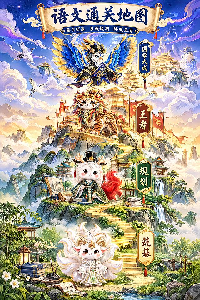一张精美的国风语文通关地图插画，竖版递进式构图，画面顶部居中是大标题"语文通关地图"，副标题"每日筑基 系统规划 终成王者"。地图呈现从地面到天空的垂直上升路径：第一站"筑基"在画面下方地面起点，旁边是白色九尾羊形象的勇气之神神兽（参考图1，白色九尾羊，金色羊角，白色汉服，可爱Q版），周围有草地、书卷、笔墨等筑基元素；第二站"规划"在半山腰，旁边是白色鹿角红尾巴的神兽（参考图2，戴黑色官帽，绿色汉服，可爱Q版），周围有山水、楼阁、卷轴等规划元素；第三站"王者"在山顶最高处，旁边是彩色鬃毛的老虎神兽（参考图3，橙棕色虎纹，金色云纹装饰，威武霸气），周围有宫殿、旌旗、祥云等王者元素；第四站"国学大成"在天空云端之上，旁边是蓝金色翅膀的鹰形神兽（参考图4，黑色金纹汉服，蓝色羽毛，庄严威武展翅翱翔），周围有彩霞、仙鹤、星辰等大成元素。一条蜿蜒的金色阶梯路径从地面逐级上升，经过山腰、山顶直达天空。整体国潮插画风格，色彩由下至上从暖绿过渡到金黄再到深蓝紫，层次分明，细节精致，画面清晰