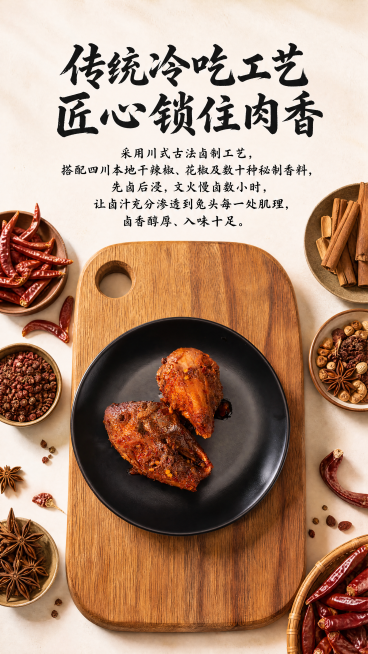 [第4屏] 工艺卖点，正宗自贡手艺展示。
[氛围/风格] 传统匠心美食风，暖调食欲感，突出古法卤制工艺氛围，商业摄影质感。
[元素布局] 画面主体部分俯拍兔头放在木质砧板上，旁边搭配盛放干辣椒、花椒、预览效果