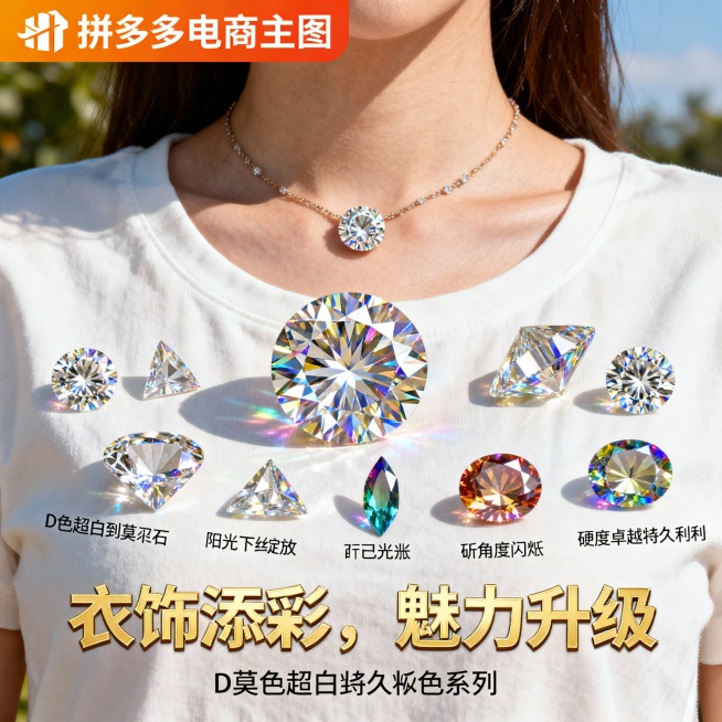 图片这款产品是莫桑石裸钻，我在拼多多卖这款产品，请以我提供的产品图片为主图主体设计20张相关的电商主图。
1.主图卖点： 火彩璀璨，闪耀夺目，在阳光下绽放七彩光芒，每一个角度都闪耀着迷人的光彩，让你成预览效果