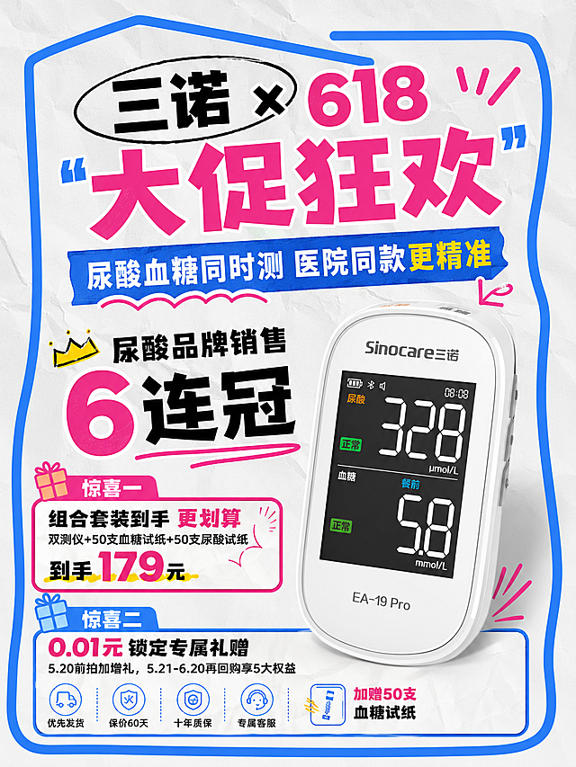 参考参考图片的趣味搞怪风格，蓝色不规则边框，浅白色纹理背景，将猫咪替换成三诺EA-19 Pro尿酸血糖双测仪，保留鲜艳的撞色文字排版风格，完整文案：
标题：“三诺×618大促狂欢”
副标题：“尿酸血糖同时测 医院同款更精准”
卖点：“尿酸品牌销售6连冠”
惊喜一：“组合套装到手 更划算 双测仪+50支血糖试纸+50支尿酸试纸  到手179元”
惊喜二：“0.01元锁定专属礼赠 5.20前拍加增礼，5.21-6.20再回购享5大权益 优先发货 | 保价60天 | 十年质保 | 专属客服 | 加赠50支血糖试纸”