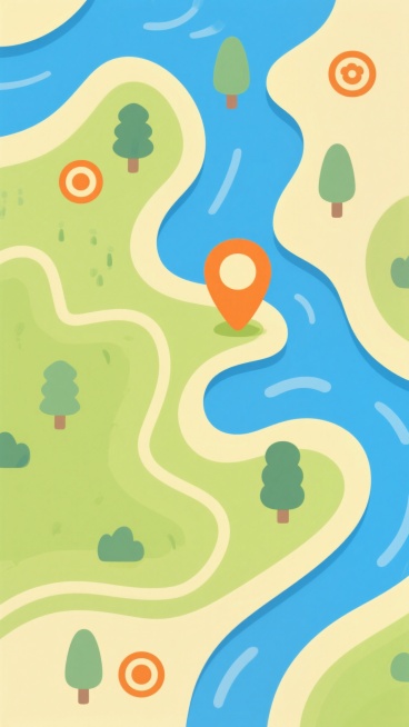 卡通风格地图元素插画，采用蓝绿色调为主的配色方案，浅黄色地图底色，浅绿色区域代表绿地，深蓝色区域代表水域，橙色定位标记和橙色圆形图标点缀其间，包含树木等简单装饰元素，线条圆润流畅，整体风格简洁明快，色彩清新和谐，无文字信息预览效果