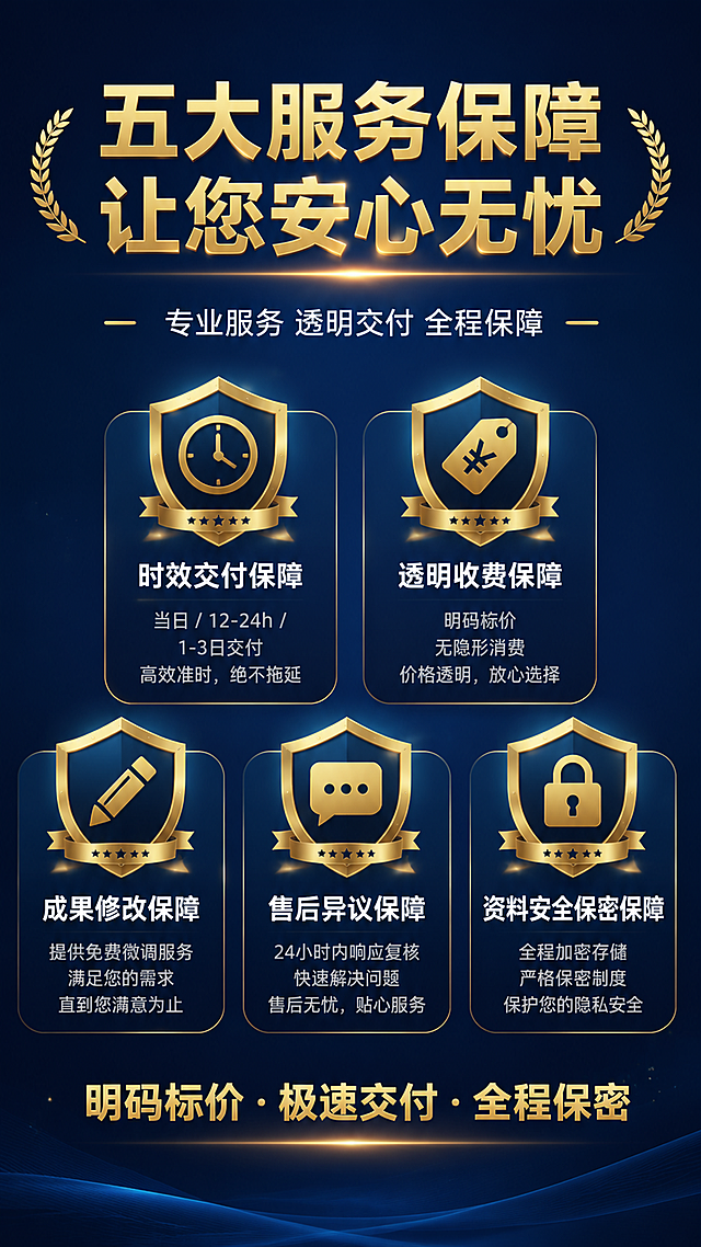 [第7张] 五大服务保障体系页——时效/收费/修改/售后/保密全方位保障。
[氛围/风格] 商务专业风，盾牌/徽章式保障图标，信任感强，企业服务质感。
[元素布局] 画面采用顶部标题+中部5个保障卡片环形/矩阵排列+底部总结的布局；每个保障配一个金色盾牌/徽章图标，图标内有对应象征图案（时钟、价格标签、铅笔、对话气泡、锁）；背景为深蓝色渐变，金色光效点缀，整体庄重有信任感。
[光影质感] 中心柔光向外扩散，金色盾牌有金属光泽和立体感，深蓝背景有渐变层次，整体高端大气。
[配色色系] 全局底色 #0A2463（深蓝渐变）；主色金色 #D4AF37；文字色白色 #FFFFFF、浅灰 #E0E0E0。
[视角构图] 居中矩阵布局，2+3排列，阅读动线从上至下：标题 → 五大保障 → 底部承诺。
[文字版式] 顶部大标题「五大服务保障 让您安心无忧」，金色粗体，居中；副标题「专业服务 透明交付 全程保障」，白色小字；五个保障卡片：1.「时效交付保障」金色时钟盾牌+当日/12-24h/1-3日交付说明；2.「透明收费保障」金色价格标签盾牌+明码标价无隐形消费说明；3.「成果修改保障」金色铅笔盾牌+免费微调说明；4.「售后异议保障」金色对话盾牌+24小时复核说明；5.「资料安全保密保障」金色锁头盾牌+加密存储保密说明；每张卡片标题白色粗体，内容浅灰色小字；底部金色大字「明码标价·极速交付·全程保密」。
[比例分辨率] 9:16 竖版比例，4K 分辨率，文字清晰可辨，高清画质。
[负向提示词] 变形，水印，文字错乱，文字过小，盾牌变形，图标错误，颜色偏差。