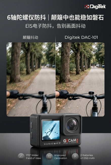 2:3竖屏，动态可视化设计，展示骑行颠簸场景下的防抖效果，左侧为无防抖画面（模糊抖动），右侧为Digitek DAC-101防抖后清晰稳定的画面。主标题：「6轴陀螺仪防抖 | 颠簸中也能稳如磐石」，副预览效果