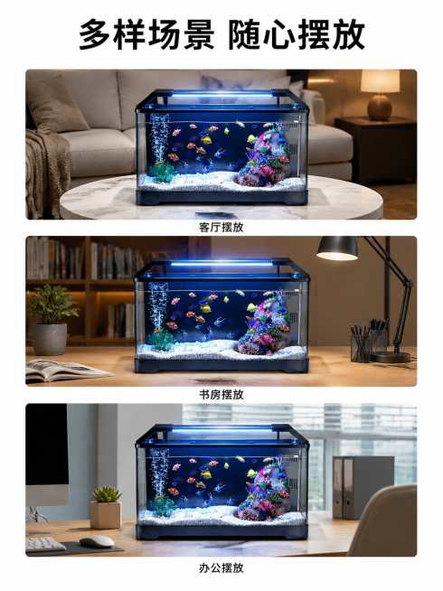 [主图-6] 多场景适配展示。
[氛围风格] 生活化场景展示，适配性强
[画质] 商业摄影质感、光线柔和通透、产品清晰真实、画面干净高级
[元素] 保持懒人鱼缸外观结构与原图一致，无变形色差。采用三宫预览效果
