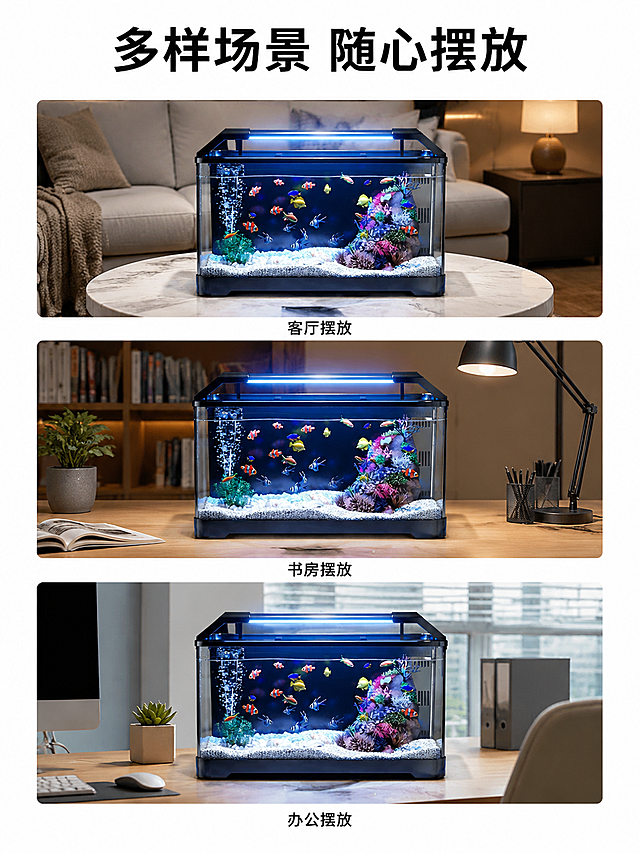 [主图-6] 多场景适配展示。
[氛围风格] 生活化场景展示，适配性强
[画质] 商业摄影质感、光线柔和通透、产品清晰真实、画面干净高级
[元素] 保持懒人鱼缸外观结构与原图一致，无变形色差。采用三宫格拼图形式，分别展示鱼缸放置在客厅茶几、书房书桌、办公室工位三种不同场景效果，每个场景都保持鱼缸完整展示，场景自然融入家居环境，证明多空间适配。每个宫格场景清晰，鱼缸主体突出不裁切。
[光影] 每个场景光影自然，符合空间光线特点，鱼缸玻璃通透感真实保持。
[配色] 每个场景色调自然，鱼缸与环境融合和谐，不突兀。
[视角构图] 三宫格等分构图，每个宫格鱼缸平视展示，整体均衡饱满。
[文字版式] 顶部大字“多样场景 随心摆放”，黑色粗体。每个宫格下方标注对应场景名称“客厅摆放”“书房摆放”“办公摆放”，小字清晰。文字不遮挡鱼缸主体。
[比例分辨率] 3:4比例，4k分辨率，文字清晰可辨，超高清画质
[负向提示词] 变形，水印，文字错乱，产品图模糊，背景杂乱，文字遮挡主体