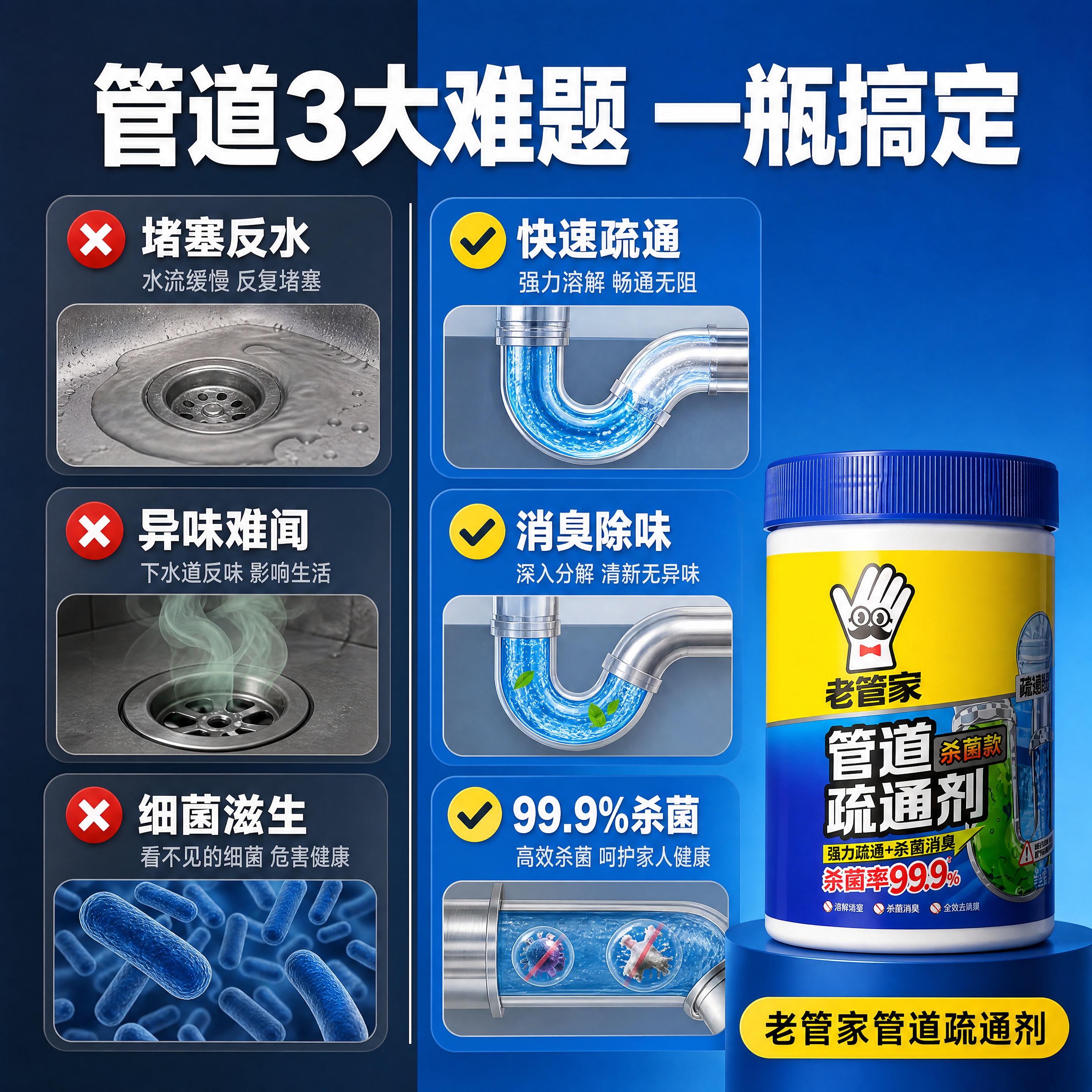 [商品] 使用【图1】老管家管道疏通剂300g杀菌款正面单瓶；… - 图片创意预览
