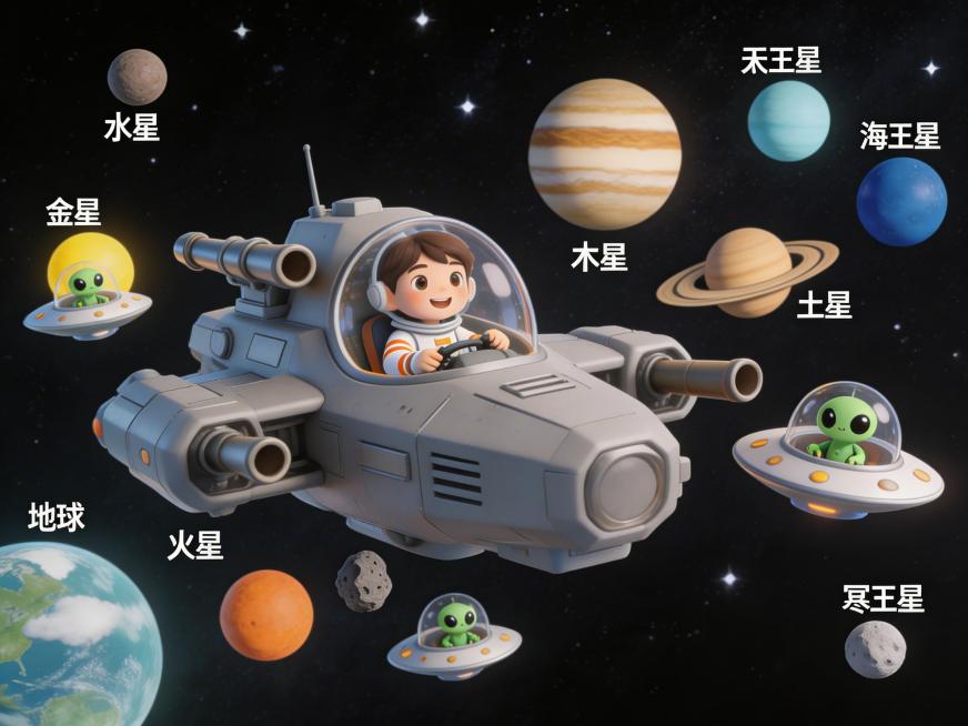 一个7岁小男孩穿着宇航服，坐在外星人赠送的大型军事飞船的驾驶舱内，画面展示完整的大型军事飞船整体外形，飞船正穿越太阳系，太阳系的9颗行星都出现在画面中，一对陨石向飞船追来，左侧、右侧和后方一共有三个外预览效果