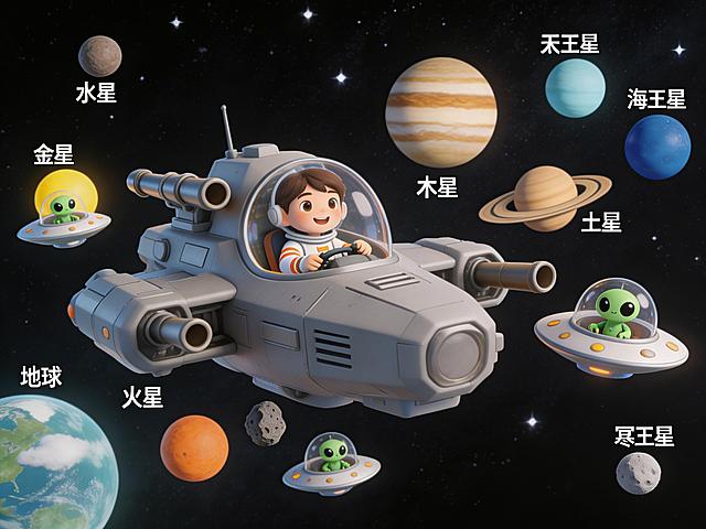 一个7岁小男孩穿着宇航服，坐在外星人赠送的大型军事飞船的驾驶舱内，画面展示完整的大型军事飞船整体外形，飞船正穿越太阳系，太阳系的9颗行星都出现在画面中，一对陨石向飞船追来，左侧、右侧和后方一共有三个外星人分别驾驶飞船护航，太空背景，浩瀚星空，3D卡通风格，童趣梦幻