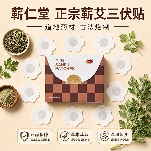 [主图-5] 蕲艾三伏贴 产品全家福 规格数量与信任背书
[统一基调] 抖音1:1主图 整体暖棕米白草本色调 背景为柔和渐变的浅米色与浅棕过渡 主标题深棕色粗体非衬线字体 辅助文案深咖啡色 强调色艾草绿 字体干净现代 卡片圆角浅棕描边 图标线性简约风格
[画面] Knolling平铺俯视角度 画面中央是产品包装盒正面朝上 周围整齐排列多朵花形三伏贴 约8-10朵 呈放射状围绕包装盒 旁边摆放新鲜艾草叶 草本植物 一小碗艾草粉末 作为成分佐证 整体排列整齐有序 背景为浅米色平面 有柔和的投影
[光影质感] 俯视平铺摄影质感 光线均匀柔和 每件物品都有自然的接触阴影 立体感强 产品细节清晰
[配色] 主色浅米白 产品棕白配色 点缀艾草绿 整体干净高级
[文字版式] 画面上方大标题“蕲仁堂 正宗蕲艾三伏贴”深棕色粗体 字号最大 下方副标题“道地药材 古法炮制” 画面底部三个圆角小图标并列 分别配“正品保障”“草本萃取”“温和亲肤” 文字清晰不遮挡产品
[输出要求] 比例1:1 文字清晰可读 产品清晰不变形 无错字 无水印 无平台Logo 无多余杂物