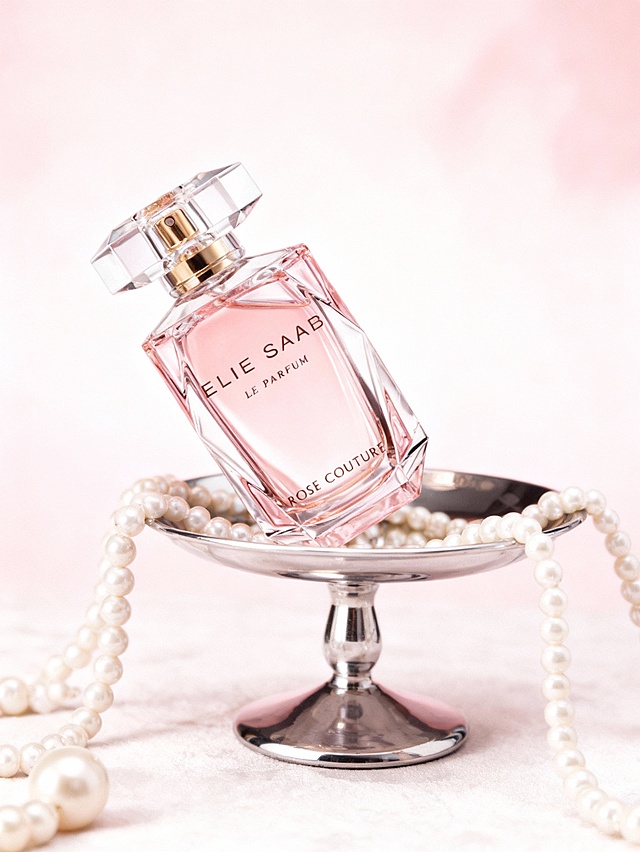 优雅轻奢的商业产品摄影风格，高质感精细渲染；画面采用浅粉、银色与珍珠白交织的柔和优雅色调，复古低饱和，整体温柔高级且质感细腻；以平视中景视角、中心聚焦式构图呈现，视觉重心集中于产品；场景包含银色金属展示台、珍珠项链，背景为浅粉色渐变的虚化背景；产品呈倾斜角度，放置于金属展示台的顶部托盘区域；金属展示台作为产品的轻奢承载基座，珍珠项链环绕于展示台周边强化优雅氛围，背景的浅粉色烘托温柔质感，所有元素围绕产品构建优雅轻奢的陈列场景；配合柔和散射光照明、高光泽材质（金属、珍珠）细节表现、浅景深效果与优雅元素的搭配布局。