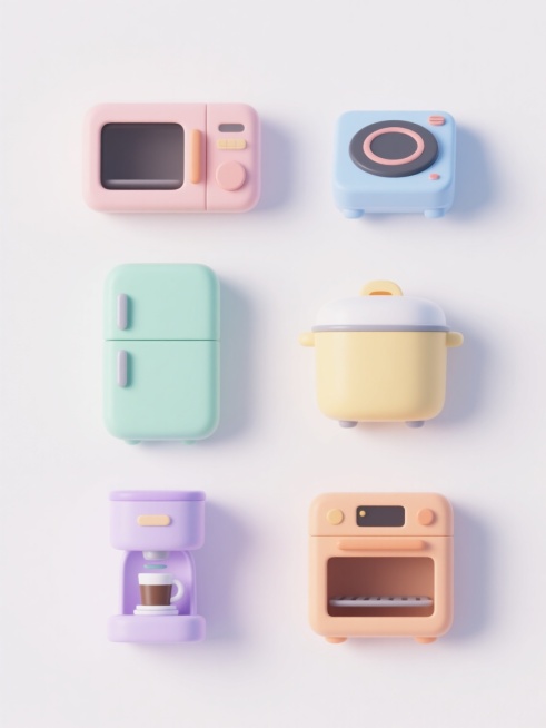 一系列6个不同厨房电器的软3D风格图标，包括微波炉、电磁炉、电饭煲、冰箱、咖啡机和烤箱，每个电器保持原图标中的圆角矩形主体、简洁线条和光滑塑料质感，整体采用统一的马卡龙色系配色方案（如淡粉、浅蓝、薄荷绿、鹅黄、浅紫、浅橙），每个电器拥有专属色彩，所有元素规整排列在纯白色纯色背景上，画面干净整洁，具有现代简约的设计感。预览效果